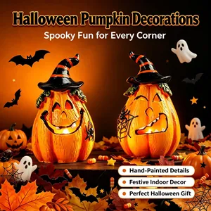 Halloween Resin Pumpkin Figurine with Witch Hat Wood Grain Texture LED Light Up Jack-O-Lantern Spider Statue Home Decor