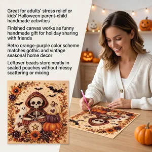 Detailed macro view of DIY Halloween diamond painting with skull drummer and pumpkins