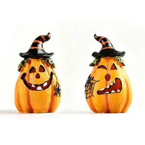 Premium resin Halloween pumpkin decorations with witch hats and realistic wood grain texture