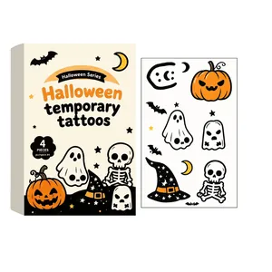 Set of 4 Halloween temporary tattoos featuring cute pumpkin, ghost and skeleton designs