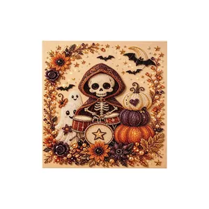 Halloween DIY diamond painting featuring a cute skeleton drummer and pumpkins