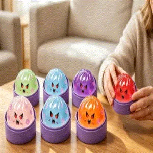 Vista dettagliata di colorati giocattoli squishy Baozi di Halloween per alleviare lo stress ora.