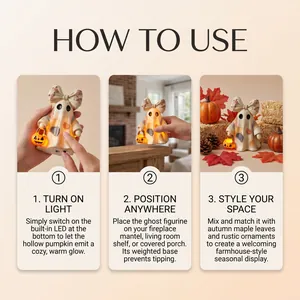 Instructional guide showing how to use the vintage patchwork ghost LED figurine