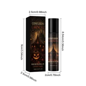 Dimensiones detalladas del frasco de perfume roll-on de Halloween 10ml y su caja.