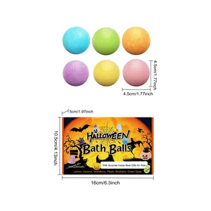 Detail showing the dimensions of the Halloween bath ball set and individual colorful spheres.