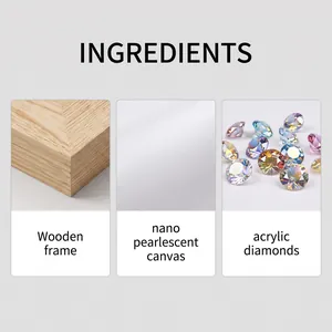 Vue détaillée montrant le cadre en bois, la toile nacrée et les diamants acryliques