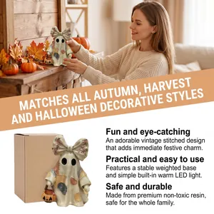 Decorative vintage stitched ghost figurine with warm LED light for Halloween and Autumn