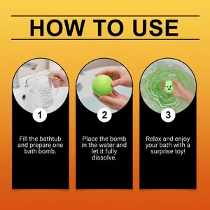 Graphic guide showing steps on how to use the Halloween green toy bath bomb in water.