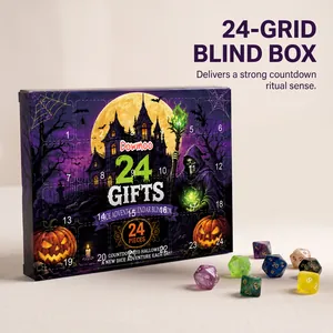 Halloween Adventskalender Blind Box mit 24 Gittern und bunten Würfel-Sets.