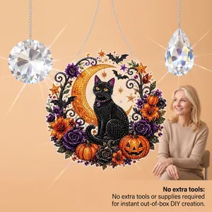 Kit attrape-soleil Diamond Art Halloween avec chat noir, croissant de lune et citrouilles DIY