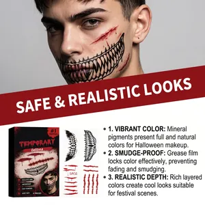 Vue détaillée de tatouages d'Halloween réalistes montrant des cicatrices et des dents de monstre