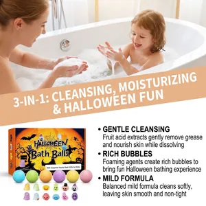Detailed view of Halloween bath balls with kids in tub and feature descriptions
