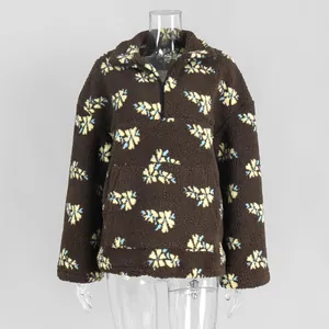Brown floral sherpa fleece half-zip sweatshirt with stand collar for winter