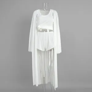 Three-piece semi-transparent white beach set with long robe, tank top and shorts