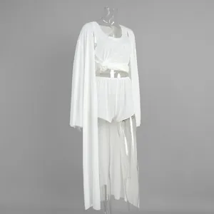Detailed side view of a white three-piece translucent beachwear set on a mannequin