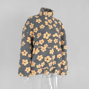 Warm gray fleece pullover sweatshirt for women with vibrant yellow floral patterns
