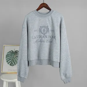 Detailed view of grey sweatshirt featuring navy blue La Vie En Rose embroidery