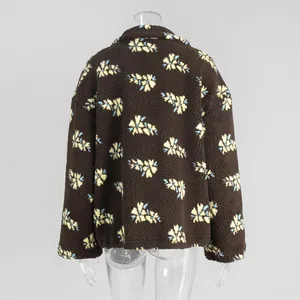 Detailed back view of brown sherpa fleece sweatshirt with yellow blue floral pattern