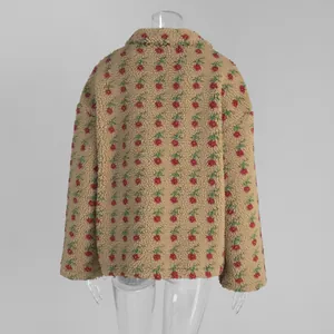 Detailed back view of women's floral sherpa fleece sweatshirt with warm textured fabric