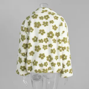 Detailed back view of a white sherpa fleece sweatshirt with olive green floral print