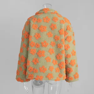 Back view of fuzzy flower pattern sweatshirt in olive and orange textured polar fleece