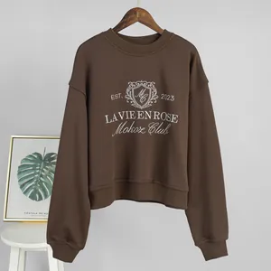 Detailed front view of a brown crewneck sweatshirt featuring white logo embroidery text