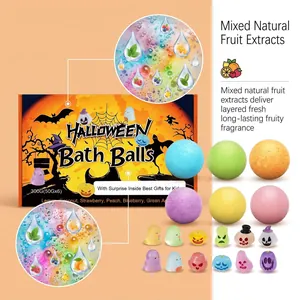 Gift set of 6 colorful Halloween bath bombs with 12 surprise toy figures for kids
