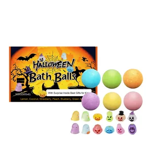 Vibrant Halloween bath bomb gift set with 6 colorful fizzies and surprise toy figurines