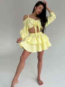 Γυναικείο Έξωμο Crop Top Και Μίνι Φούστα Με Βολάν Πάνω Και Κάτω Κομψό Βαμβακερό Καλοκαιρινό Σύνολο Παραλίας