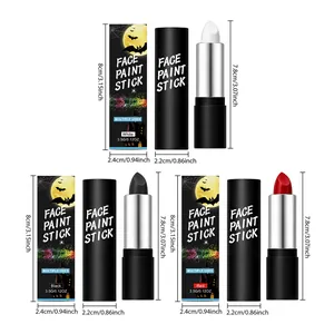 Dimensioni dettagliate degli stick per trucco Halloween nei colori bianco, nero e rosso.