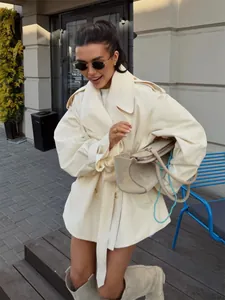Women Double Breasted Mid Length Trench Coat Lapel Casual Cotton Windbreaker Top with Belt