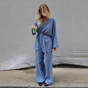 Elegant blue pure cotton long-sleeve pajama set with wrap top and wide leg trousers