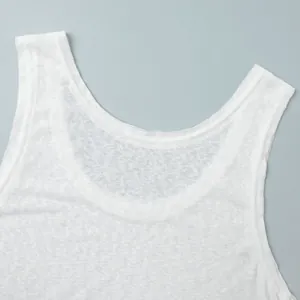 Detail view showing white semi-transparent beach tank top neckline and sheer fabric texture