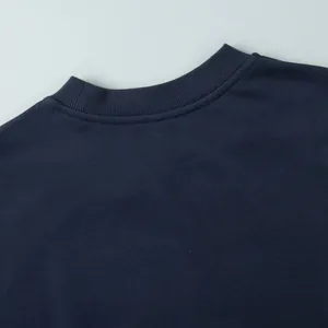 Detailed macro view of navy blue ribbed neckline with double stitching for women