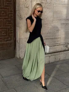 Jupe longue tulipe plissée vert sauge élégante avec fente latérale pour femme