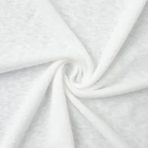 Detail shot of white semi-transparent fabric with soft knit texture and drape