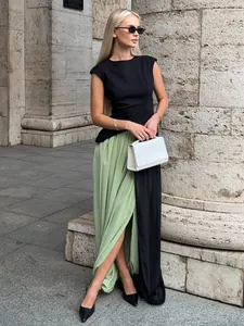 Jupe longue plissée tulipe élégante avec fente haute et design color-block