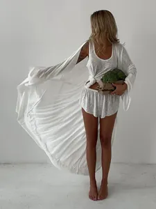 Full view of a white 3-piece beach set including a long robe, tank top, and shorts