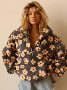 Women Oversized Floral Fleece Hoodie Half Zip Pullover Warm Sherpa Sweatshirt Long Sleeve Top For Winter Casual Streetwear