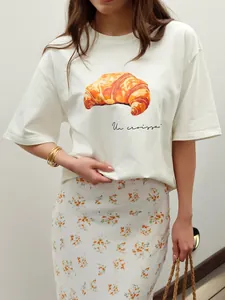 Maglietta Casual in Cotone da Donna con Stampa Croissant Top a Manica Corta Oversize Bianco