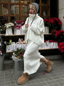 Women High Neck Knit Sweater And Midi Skirt Two Piece Set Autumn Winter Oversized Long Sleeve Viscose Blend Warm Outfits