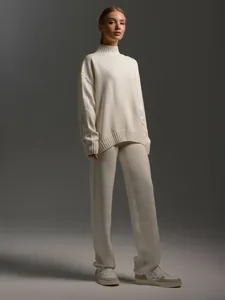 Women Half Turtleneck Viscose Blend Knit Sweater Set Top And Bottom Two Piece Pullover And Long Pants Outfits Polyester Nylon