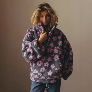 Cozy grey sherpa fleece pullover with pink floral pattern detail
