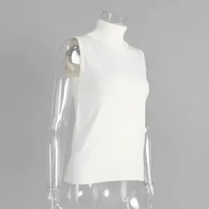 Detailed view of elegant white sleeveless turtleneck knit tank top on transparent mannequin