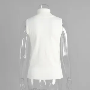 Detailed back view of a white sleeveless turtleneck knitted sweater vest