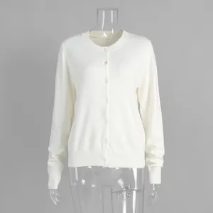 Detail view of a white knitted button-up cardigan for women on a transparent mannequin.