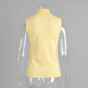 Back detail of a yellow sleeveless turtleneck knitted vest shown on a clear mannequin