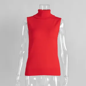 Front view of a vibrant red sleeveless turtleneck knitted vest on a clear mannequin.