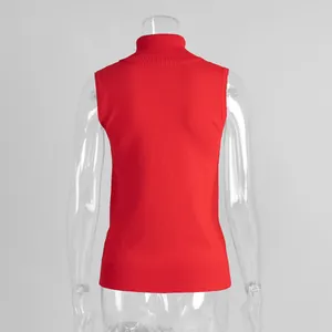 Back view of a vibrant red sleeveless turtleneck knit vest on a transparent mannequin.