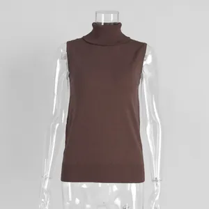 Detailed front view of a minimalist brown sleeveless turtleneck knit top on mannequin